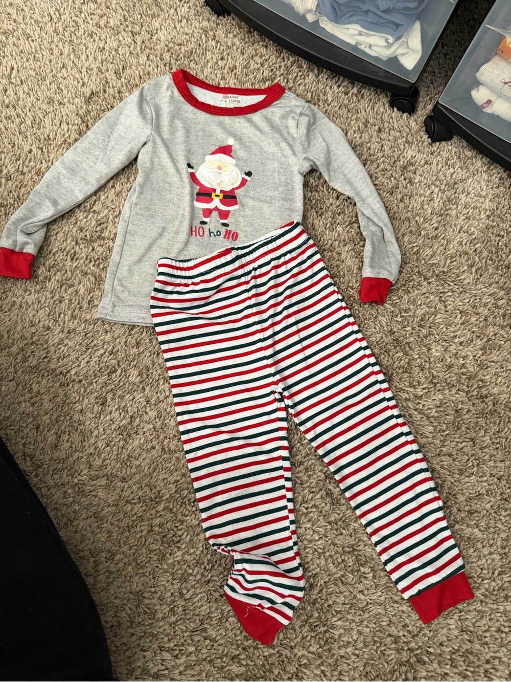 Kids Holiday Santa Pajama Set - Gray Top with Red/Green Striped Pants